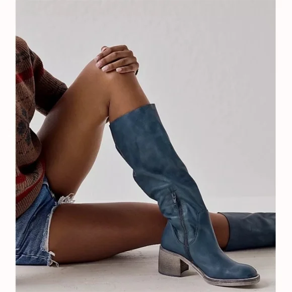 FREE PEOPLE Essential Boots 36 / 6 Washed Out Black Leather Tall Block Heel Boho - Picture 2 of 16